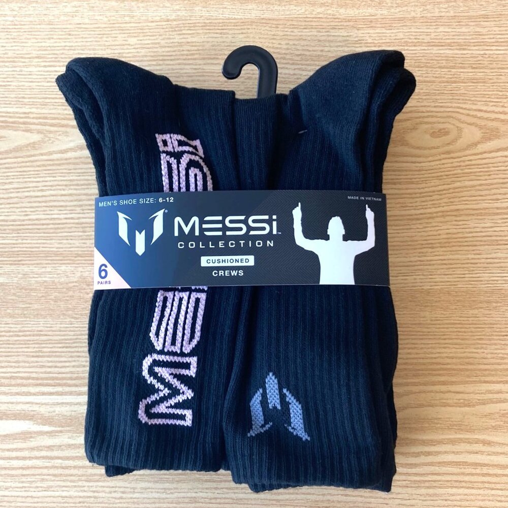 Messi Collection Cushioned Crew Sports Socks 6 Pairs Men's Shoe Size 6-12 Black